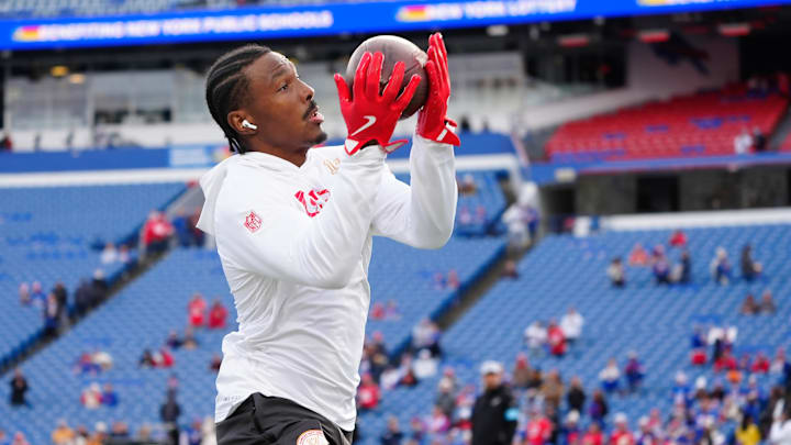 Nov 17, 2024; Orchard Park, New York, USA; Kansas City Chiefs wide receiver Mecole Hardman (17) warms up prior to the game against the Buffalo Bills at Highmark Stadium. Mandatory Credit: Gregory Fisher-Imagn Images