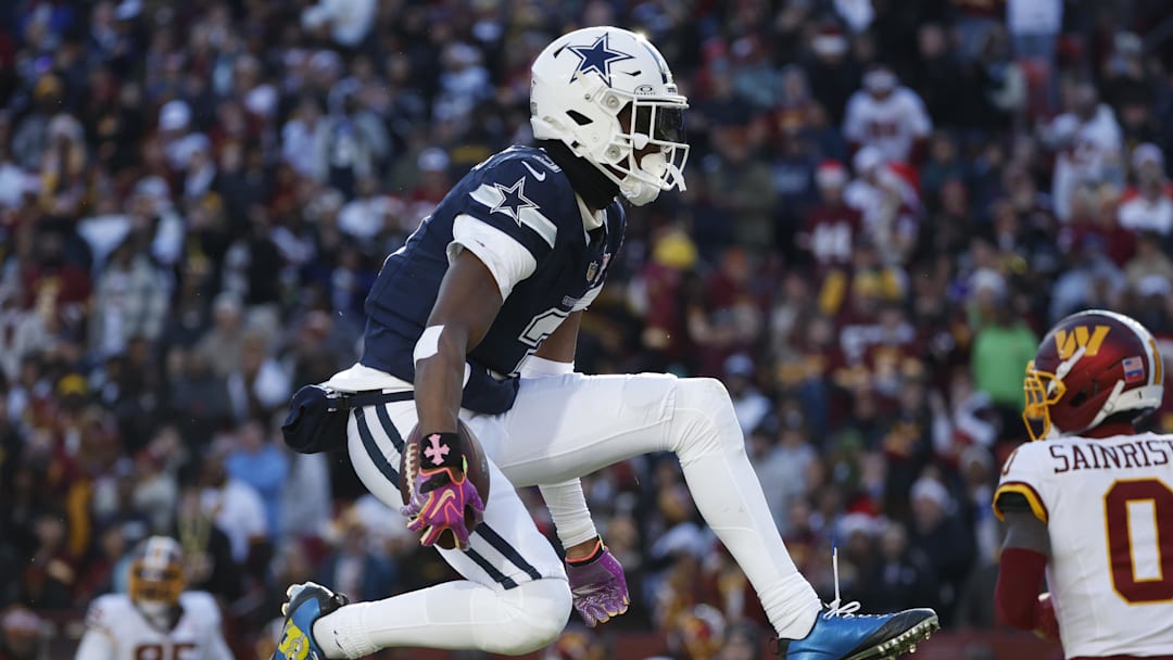Dec 25, 2025; Landover, Maryland, USA; Dallas Cowboys wide receiver George Pickens (3) celebrates after a play against the Washington Commanders during the first half at Northwest Stadium. Mandatory Credit: Amber Searls-Imagn Images