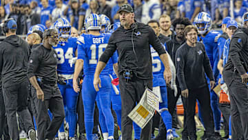 Jan 18, 2025; Detroit, Michigan, USA; Detroit Lions head coach Dan Campbell looks on during the second quarter against the Washington Commanders at Ford Field. Mandatory Credit: David Reginek-Imagn Images