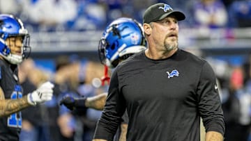 Dec 15, 2024; Detroit, Michigan, USA; Detroit Lions head coach Dan Campbell during warm ups before a game against the Buffalo Bills at Ford Field.