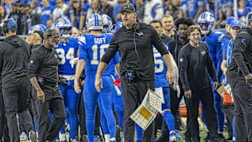 Jan 18, 2025; Detroit, Michigan, USA; Detroit Lions head coach Dan Campbell looks on during the second quarter against the Washington Commanders at Ford Field. Mandatory Credit: David Reginek-Imagn Images