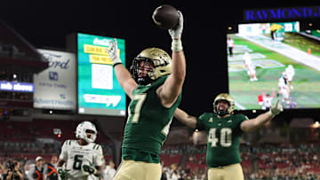 USF tight end Evan Dangler celebrates his touchdown catch against the Charlotte 49ers.