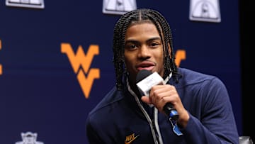 Oct 22, 2025; Kansas City, MO, USA; West Virginias Jasper Floyd speaks to media during Big 12 Menís Basketball media day at T-Mobile Center. Mandatory Credit: Sophia Scheller-Imagn Images