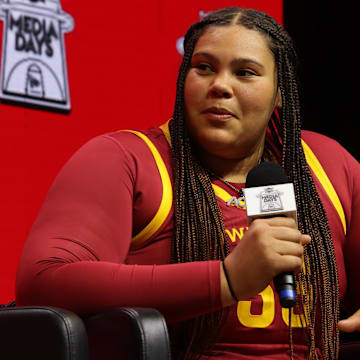 Oct 21, 2025; Kansas City, MO, USA; Iowa Stateís Audi Crooks speaks to media during Big 12 Womenís Basketball Media Day at T-Mobile Center. Mandatory Credit: Sophia Scheller-Imagn Images