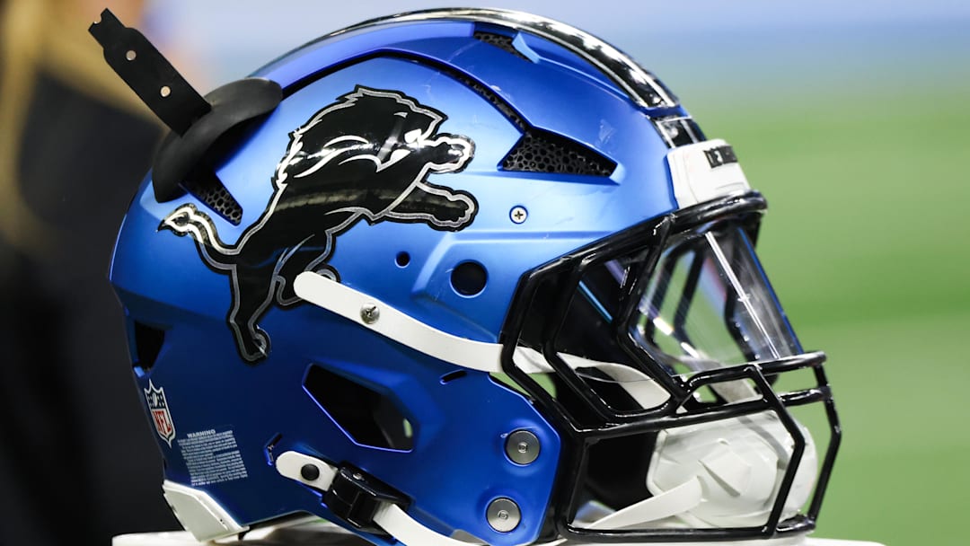 A general view of the Detroit Lions helmet during the game against the New York Giants at Ford Field