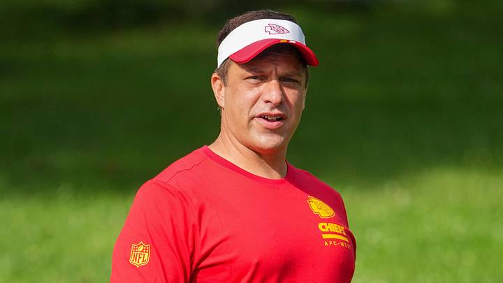 Jul 22, 2025; St. Joseph, MO, USA; Kansas City Chiefs general manager Brett Veach walks down the hill to the fields during training camp at Missouri Western State University. Mandatory Credit: Denny Medley-Imagn Images