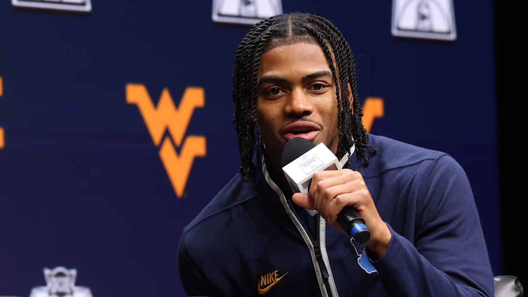 Oct 22, 2025; Kansas City, MO, USA; West Virginias Jasper Floyd speaks to media during Big 12 Menís Basketball media day at T-Mobile Center. Mandatory Credit: Sophia Scheller-Imagn Images