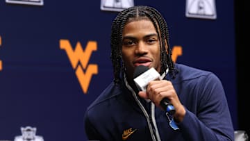 Oct 22, 2025; Kansas City, MO, USA; West Virginias Jasper Floyd speaks to media during Big 12 Menís Basketball media day at T-Mobile Center. Mandatory Credit: Sophia Scheller-Imagn Images