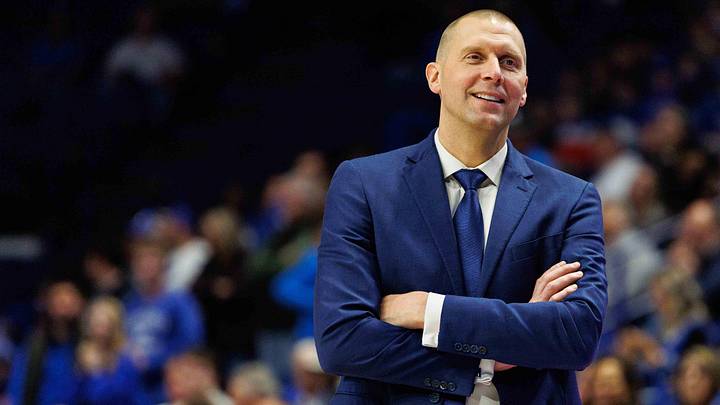 Nov 22, 2024; Lexington, Kentucky, USA; Kentucky Wildcats head coach Mark Pope smiles during the second half against the Jackson State Tigers at Rupp Arena at Central Bank Center. Mandatory Credit: Jordan Prather-Imagn Images