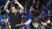 Mar 30, 2023; Los Angeles, CA, USA;  Missouri coach Shannon Welker and Amari Celestine celebrate at the end of her floor exercise routine during the NCAA Women's Gymnastics Los Angeles Regional at Pauley Pavilion. Mandatory Credit: Robert Hanashiro-Imagn Images