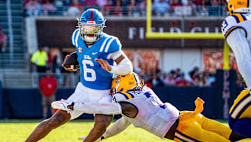 Ole Miss quarterback Trinidad Chambliss (6) carries the ball during a college football game between Ole Miss and LSU at Vaught-Hemingway Stadium in Oxford, Miss., on Saturday, Sept. 27, 2025.