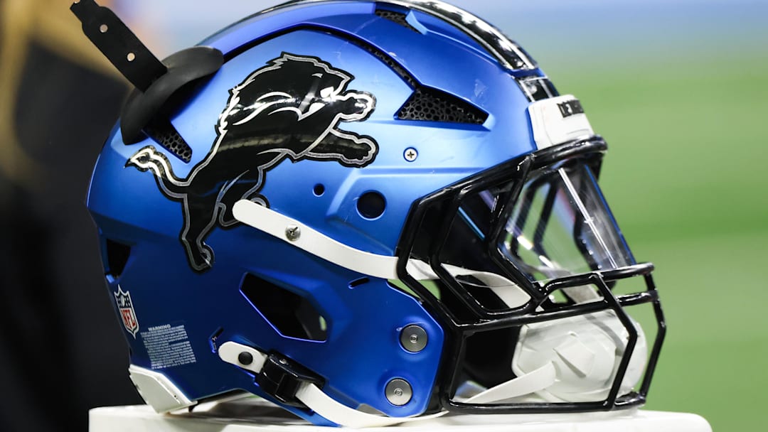 A general view of the Detroit Lions helmet during the game against the New York Giants at Ford Field