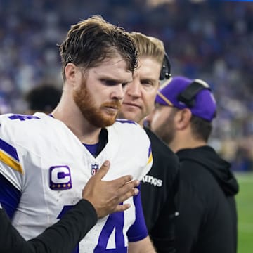 Jan 13, 2025; Glendale, AZ, USA; Minnesota Vikings quarterback Sam Darnold (14) reacts in the closing seconds of the game against the Los Angeles Rams during an NFC wild card game at State Farm Stadium. Mandatory Credit: Mark J. Rebilas-Imagn Images