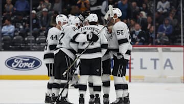 Apr 3, 2025; Salt Lake City, Utah, USA; The Los Angeles Kings celebrate an open net goal against the Utah Hockey Club during the third period at Delta Center. Mandatory Credit: Rob Gray-Imagn Images