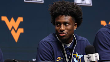 Oct 22, 2025; Kansas City, MO, USA; West Virginias Honor Huff speaks to media during Big 12 Menís Basketball media day at T-Mobile Center. Mandatory Credit: Sophia Scheller-Imagn Images