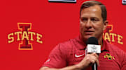 Oct 22, 2025; Kansas City, MO, USA; Iowa State head coach T.J. Otzelberger speaks to media during Big 12 Menís Basketball media day at T-Mobile Center. Mandatory Credit: Sophia Scheller-Imagn Images