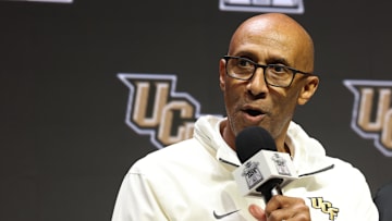 Oct 22, 2025; Kansas City, MO, USA; UCF head coach Johnny Dawkins speaks to media during Big 12 Menís Basketball media day at T-Mobile Center. Mandatory Credit: Sophia Scheller-Imagn Images