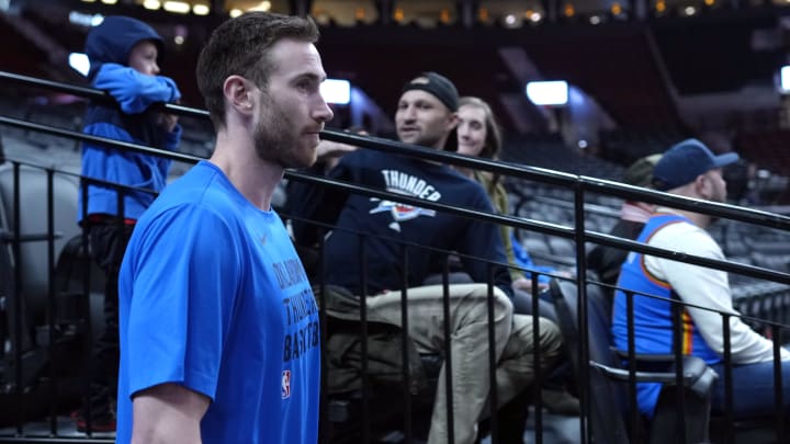 Mar 6, 2024; Portland, Oregon, USA; Oklahoma City Thunder small forward Gordon Hayward (33) walks to the court before the game against the Portland Trail Blazers at Moda Center. Mandatory Credit: Soobum Im-USA TODAY Sports