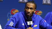 Oct 22, 2025; Kansas City, MO, USA; Kansas guard Darryn Peterson speaks to media during Big 12 Menís Basketball media day at T-Mobile Center. Mandatory Credit: Sophia Scheller-Imagn Images