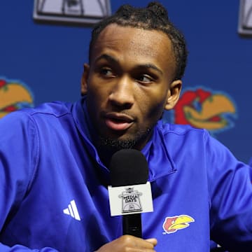 Oct 22, 2025; Kansas City, MO, USA; Kansas guard Darryn Peterson speaks to media during Big 12 Menís Basketball media day at T-Mobile Center. Mandatory Credit: Sophia Scheller-Imagn Images