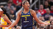 Indiana Fever forward Aliyah Boston (7) reacts to a foul from the referee on Tuesday, May 28, 2024, during the game at Gainbridge Fieldhouse in Indianapolis. The Los Angeles Sparks defeated the Indiana Fever, 88-82.