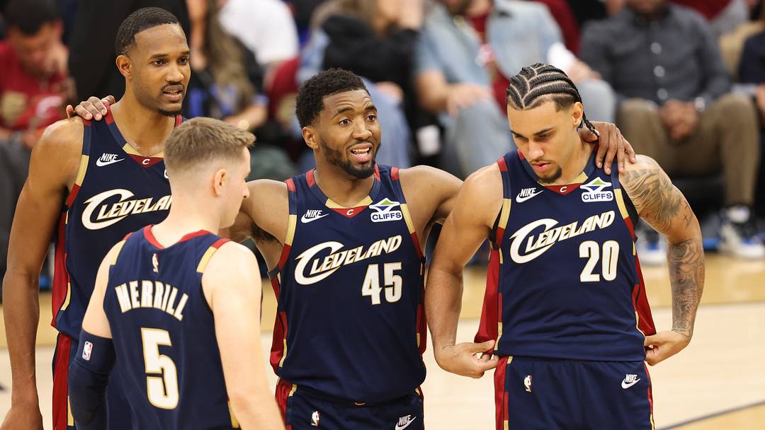 May 23, 2026; Cleveland, Ohio, USA; Cleveland Cavaliers guard Donovan Mitchell (45) huddles around teammates during the fourth quarter against the New York Knicks during game three of the eastern conference finals for the 2026 NBA playoffs at Rocket Arena. Mandatory Credit: Scott Galvin-Imagn Images
