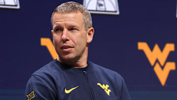 Oct 22, 2025; Kansas City, MO, USA; West Virginia head coach Ross Hodge speaks to media during Big 12 Menís Basketball media day at T-Mobile Center. Mandatory Credit: Sophia Scheller-Imagn Images