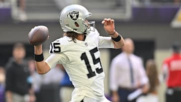 Aug 10, 2024; Minneapolis, Minnesota, USA; Las Vegas Raiders quarterback Gardner Minshew (15) throws a pass against the Minnesota Vikings during the second quarter at U.S. Bank Stadium. Mandatory Credit: Jeffrey Becker-USA TODAY Sports