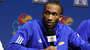 Oct 22, 2025; Kansas City, MO, USA; Kansas guard Darryn Peterson speaks to media during Big 12 Menís Basketball media day at T-Mobile Center. Mandatory Credit: Sophia Scheller-Imagn Images