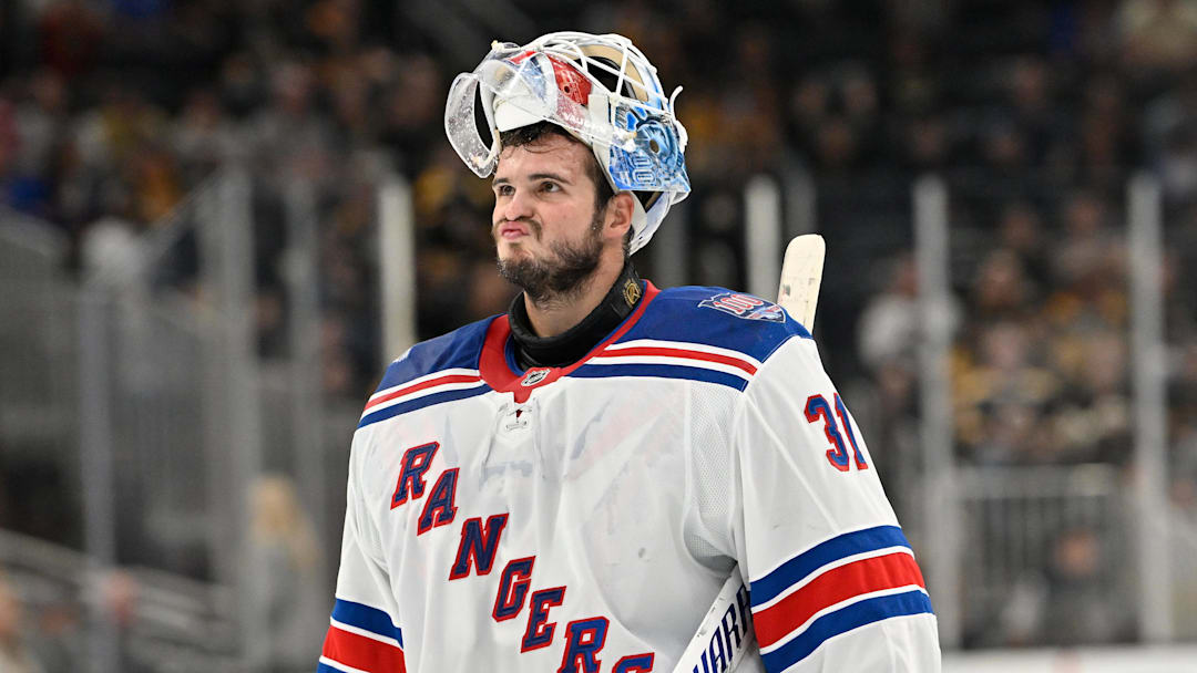 Oct 4, 2025; Boston, Massachusetts, USA; New York Rangers goaltender Igor Shesterkin (31) returns to the net after a break in the action during the third period period against the Boston Bruins at TD Garden. Mandatory Credit: Eric Canha-Imagn Images Oct 4, 2025; Boston, Massachusetts, USA; New York Rangers goaltender Igor Shesterkin (31) returns to the net after a break in the action during the third period period against the Boston Bruins at TD Garden. Mandatory Credit: Eric Canha-Imagn Images