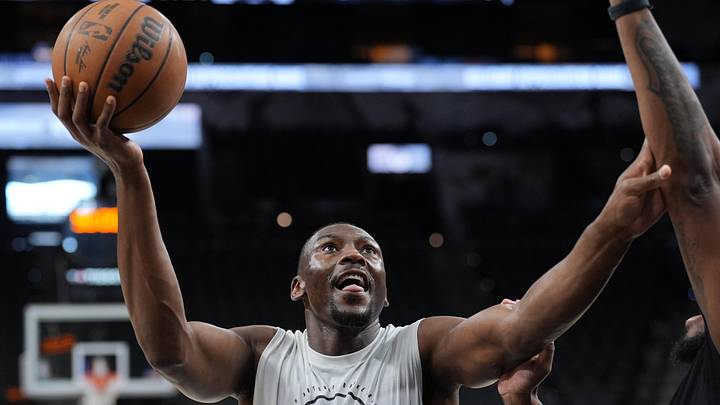 Mar 14, 2026; San Antonio, Texas, USA;  San Antonio Spurs center Bismack Biyombo (18) warms up before the game against the Charlotte Hornets at Frost Bank Center. Mandatory Credit: Daniel Dunn-Imagn Images