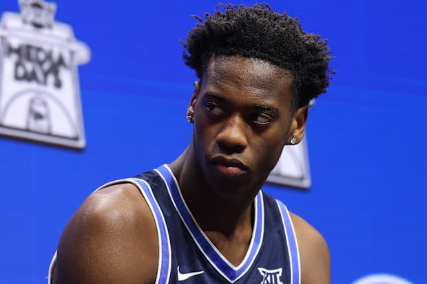 BYU's AJ Dybantsa speaks to media during Big 12 men's basketball media day.