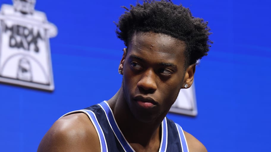 BYU's AJ Dybantsa speaks to media during Big 12 men's basketball media day.
