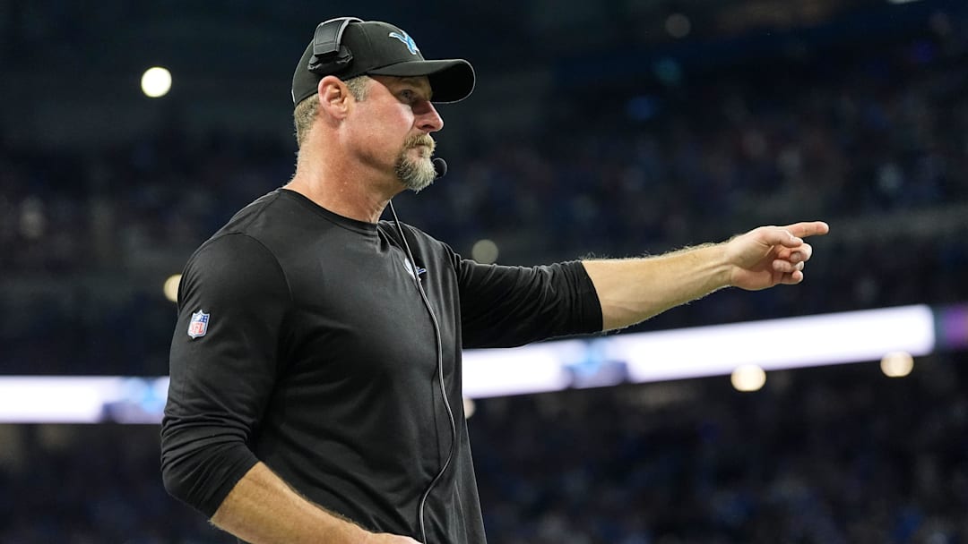 Detroit Lions head coach Dan Campbell reacts to a play against the Buffalo Bills during the second half at Ford Field in Detroit on Sunday, Dec. 15, 2024.