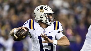 Oct 26, 2024; College Station, Texas, USA; LSU Tigers quarterback Garrett Nussmeier (13) looks to pass the ball during the first quarter against the Texas A&M Aggies at Kyle Field. Mandatory Credit: Maria Lysaker-Imagn Images. 