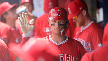 Apr 10, 2025; Tampa, Fl, USA; Los Angeles Angels catcher Logan O'Hoppe (14) is congratulated after he scores a run during the second inning against the Tampa Bay Rays   at George M. Steinbrenner Field. Mandatory Credit: Kim Klement Neitzel-Imagn Images