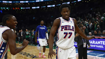 Philadelphia 76ers guard VJ Edgecombe (77) celebrates with guard Tyrese Maxey (0) after they defeated the Boston Celtics 117-116 at TD Garden