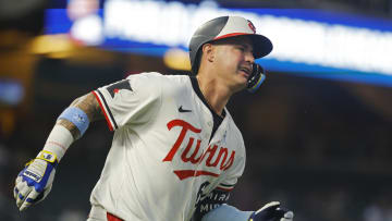 Jun 16, 2024; Minneapolis, Minnesota, USA; Minnesota Twins designated hitter Jose Miranda (64) runs the bases on his solo home run against the Oakland Athletics in the eighth inning of game two of a double header at Target Field. Mandatory Credit: Bruce Kluckhohn-USA TODAY Sports