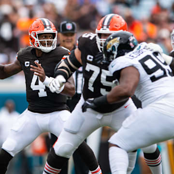 Sep 15, 2024; Jacksonville, Florida, USA; Cleveland Browns quarterback Deshaun Watson (4) drops to throws against the Jacksonville Jaguars in the first quarter at EverBank Stadium. Mandatory Credit: Jeremy Reper-Imagn Images