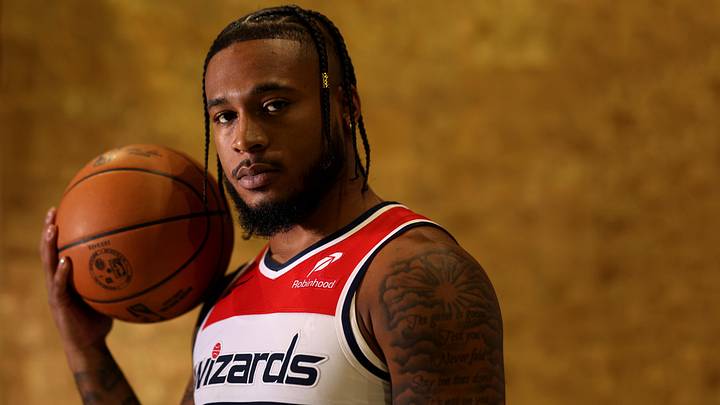 Sep 29, 2025; Washington, DC, USA; Washington Wizards forward Cam Whitmore (1) poses for a portrait during Wizards Media Day at CareFirst Arena.  Mandatory Credit: Geoff Burke-Imagn Images
