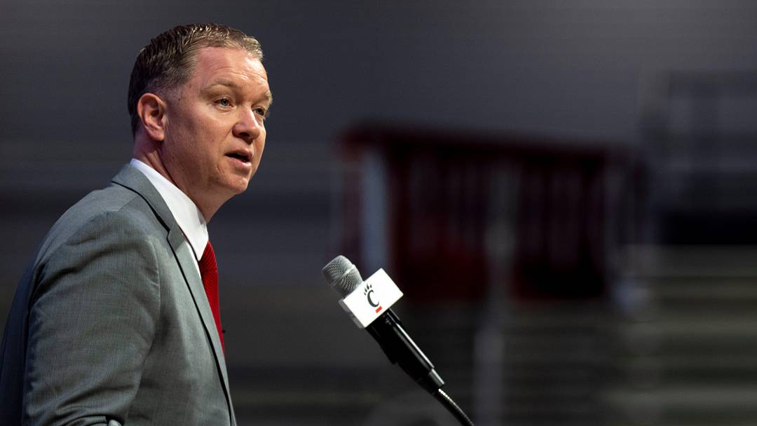 Cincinnati head coach Jerrod Calhoun speaks during a press conference announcing him as the head men's basketball coach at Fifth Third Arena in Cincinnati on Wednesday, March 25, 2026.