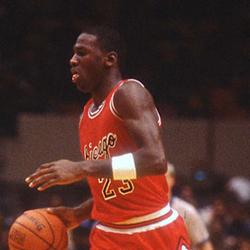 October 18, 1984; New York, NY, USA; Michael Jordan, 23, sets up Bull's offense against the Knicks during an exhibition game at Madison Square Garden in New York City. Mandatory Credit: Carmine Galasso/North Jersey Media Group via USA TODAY NETWORK