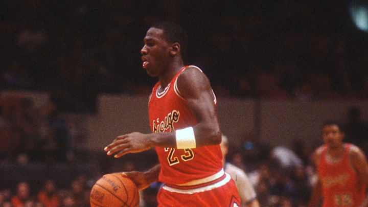 October 18, 1984; New York, NY, USA; Michael Jordan, 23, sets up Bull's offense against the Knicks during an exhibition game at Madison Square Garden in New York City. Mandatory Credit: Carmine Galasso/North Jersey Media Group via USA TODAY NETWORK