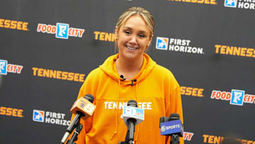 Tennessee Lady Vols basketball coach Kim Caldwell in her first news conference on Sunday, Jan. 26, 2025, in Knoxville, Tenn., after the birth of her son.