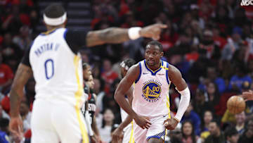 Dec 11, 2024; Houston, Texas, USA; Golden State Warriors forward Jonathan Kuminga (00) reacts after scoring during the third quarter against the Houston Rockets at Toyota Center. Mandatory Credit: Troy Taormina-Imagn Images