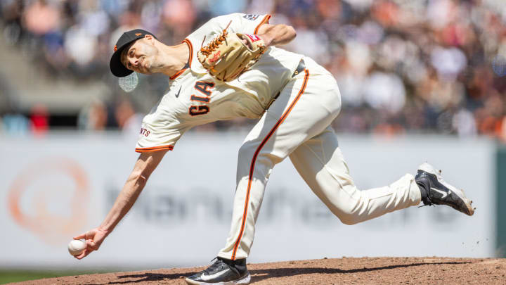 Jun 12, 2024; San Francisco, California, USA;  San Francisco Giants pitcher Tyler Rogers (71) throws a pitch during the eighth inning against the Houston Astros at Oracle Park.