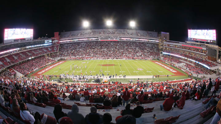 Nov 18, 2023; Fayetteville, Arkansas, USA; General view of the stadium at the beginning of the fourth quarter during the game between the Arkansas Razorbacks and the FIU Panthers at Donald W. Reynolds Razorback Stadium. Arkansas won 44-20. Mandatory Credit: Nelson Chenault-USA TODAY Sports