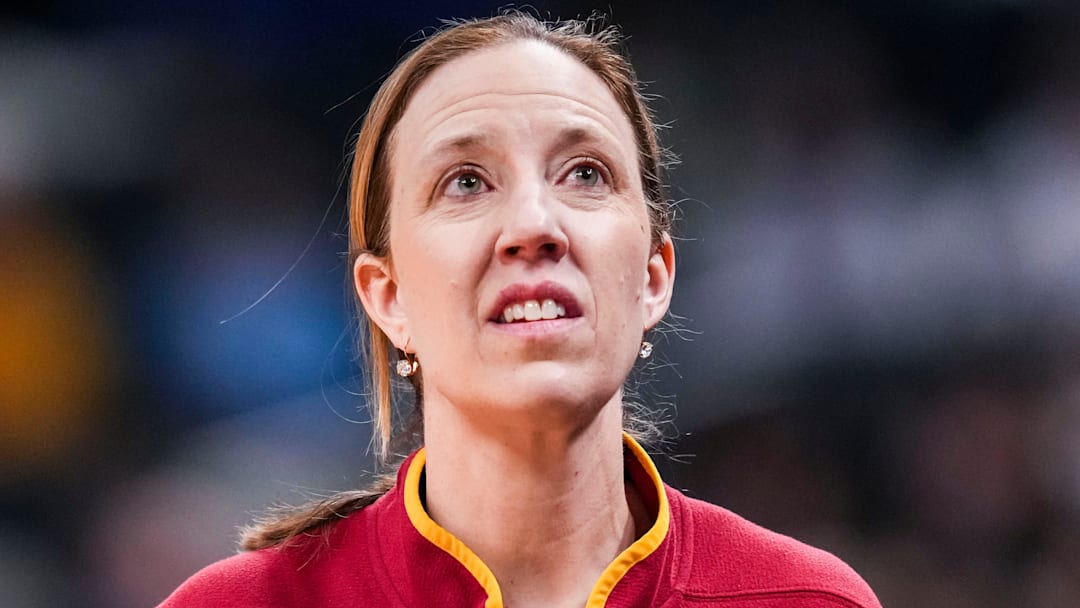 USC Trojans head coach Lindsay Gottlieb reacts to the action Saturday, March 8, 2025, in a semifinals game at the 2025 TIAA Big Ten Women's Basketball Tournament between the Iowa Hawkeyes and the Ohio State Buckeyes at Gainbridge Fieldhouse in Indianapolis.