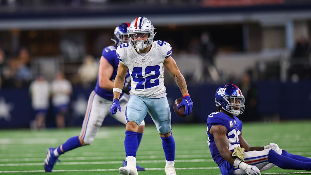 Nov 12, 2023; Arlington, Texas, USA;  Dallas Cowboys running back Deuce Vaughn (42) reacts during the second half against the New York Giants at AT&T Stadium. Mandatory Credit: Kevin Jairaj-Imagn Images
