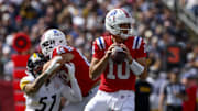 Sep 21, 2025; Foxborough, Massachusetts, USA; New England Patriots quarterback Drake Maye (10) looks to pass the ball during the first quarter at Gillette Stadium. Mandatory Credit: Paul Rutherford-Imagn Images